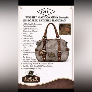 “Fossil” Maddox Gray Snakeskin Embossed 100% Genuine Leather:NWOT